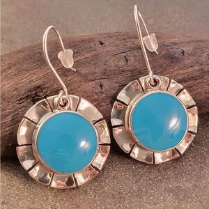 Vintage Mexico Sterling Blue Turquoise Rounded Sun Inspired Drop Earrings